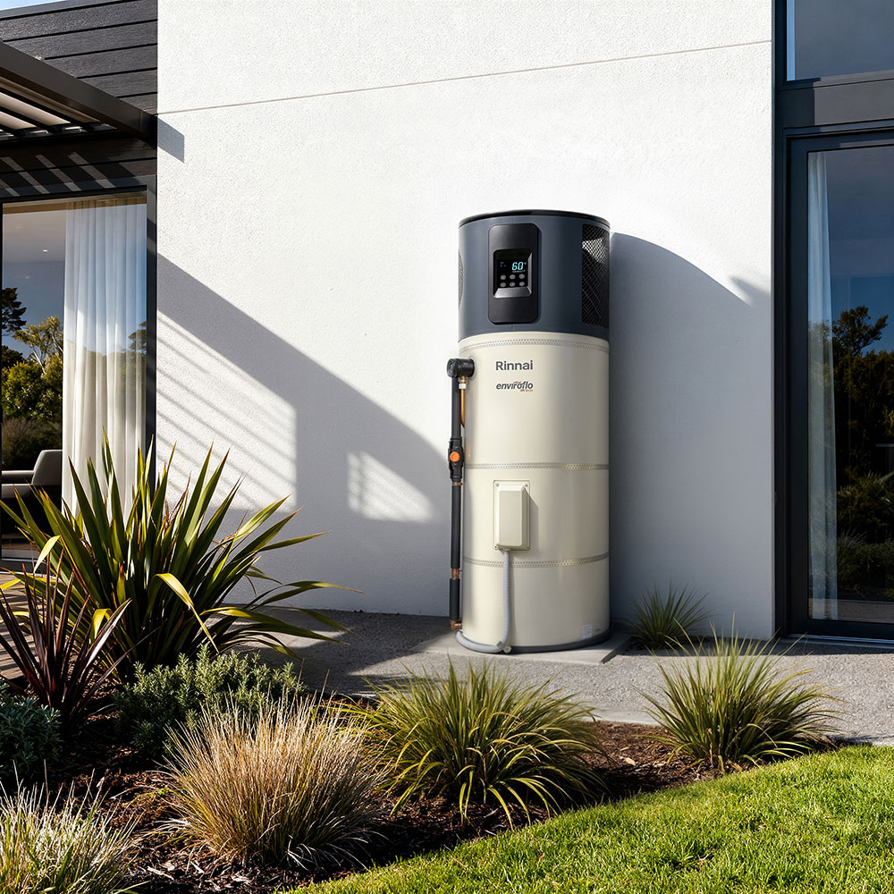 Rinnai EnviroFlo GR hot water heat pump installed outside a modern New Zealand home