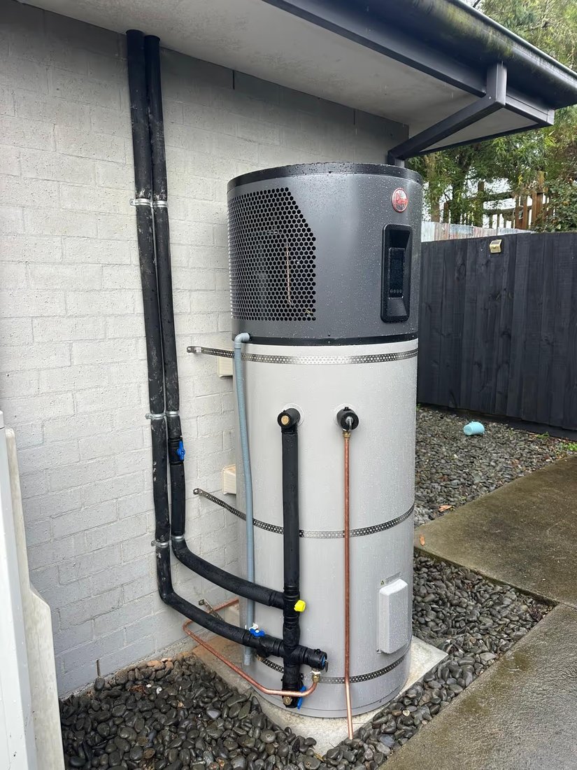 Neatly completed hot water heat pump installation by Green Hot Water Solutions