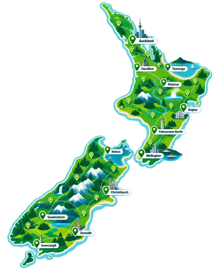 Map of New Zealand showing Green Hot Water Solutions nationwide service coverage